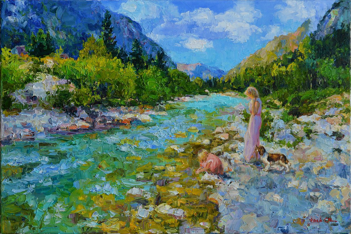 Impressionistic Landscape Oil Painting By Vachagan Manukyan, 24 X 16", By The River, Original Artwork