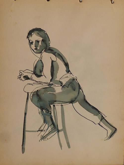 The Model 1991-2, vintage drawing 24x32 cm by Frederic Belaubre