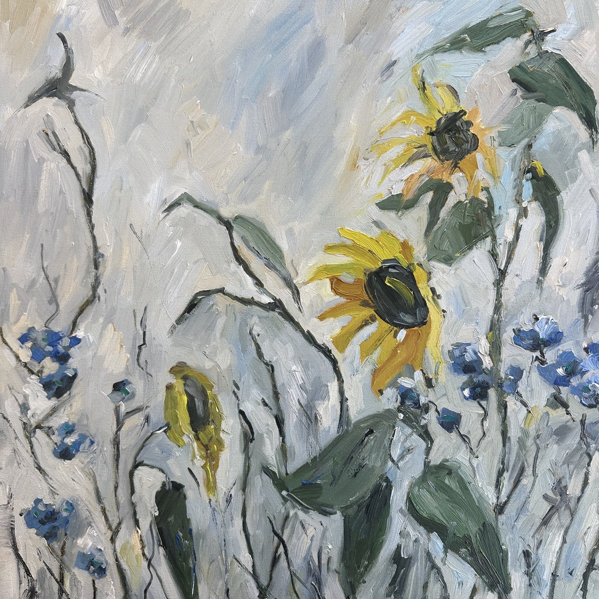 Sunflowers On A Gray Background By Irina Anis, 20 X 20, Artwork For Sale On Artfinder