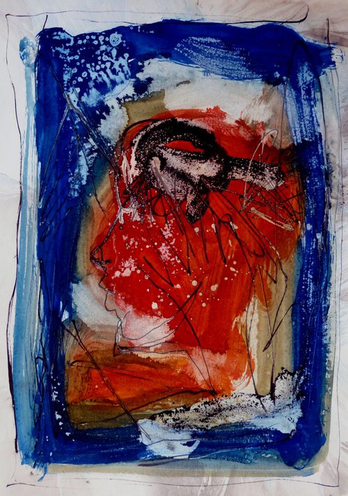 Red and blue Profile, Ink on Paper 29x42 cm by Frederic Belaubre