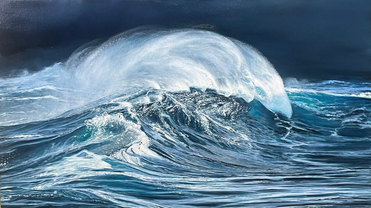 Photorealistic Landscape Oil Painting By Aflatun Israilov, 47 X 28, Ocean Wave Ii 2024, Original Artwork