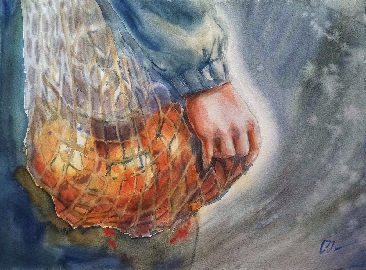 Bag with citrus fruits - original artwork by Olena Koliesnik
