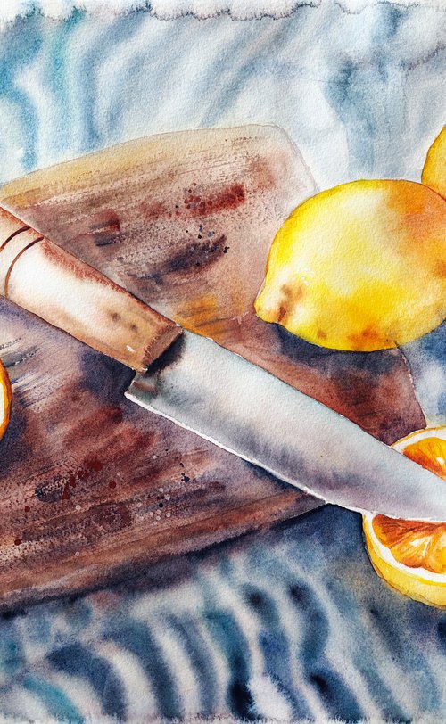 Etude with lemons, knife and striped towel by Delnara El