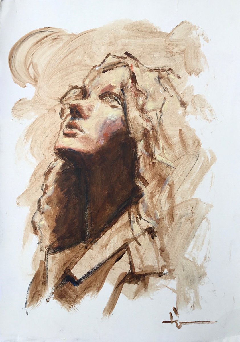 Expressive Portrait Acrylic Painting By Dominique Deve, 12 X 16, Test #3, Original Artwork