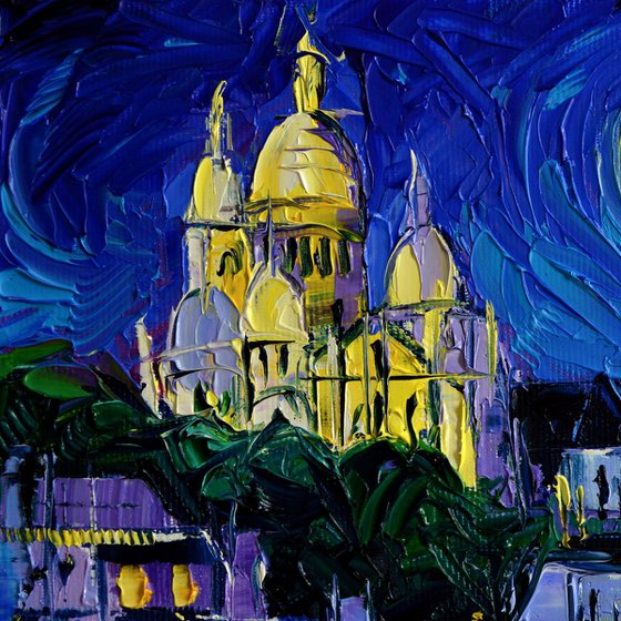 SACRE COEUR PARIS NIGHTLIGHTS original oil painting 20x20cm handmade by Mona Edulesco