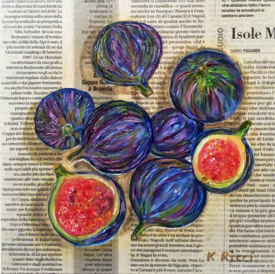 "Figs on Newspaper" Original Oil on Canvas Board Painting 8 by 8 inches (20x20 cm)