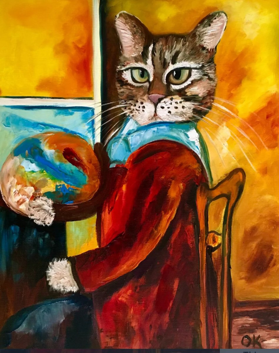 Expressive Animal Oil Painting By Olga Koval, 20 X 24", Troy Cat An Artist Modigliani, Original Artwork