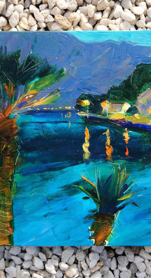 Palm trees , sea, mountains . Evening in Montenegro . Original plein air oil painting . by Helen Shukina