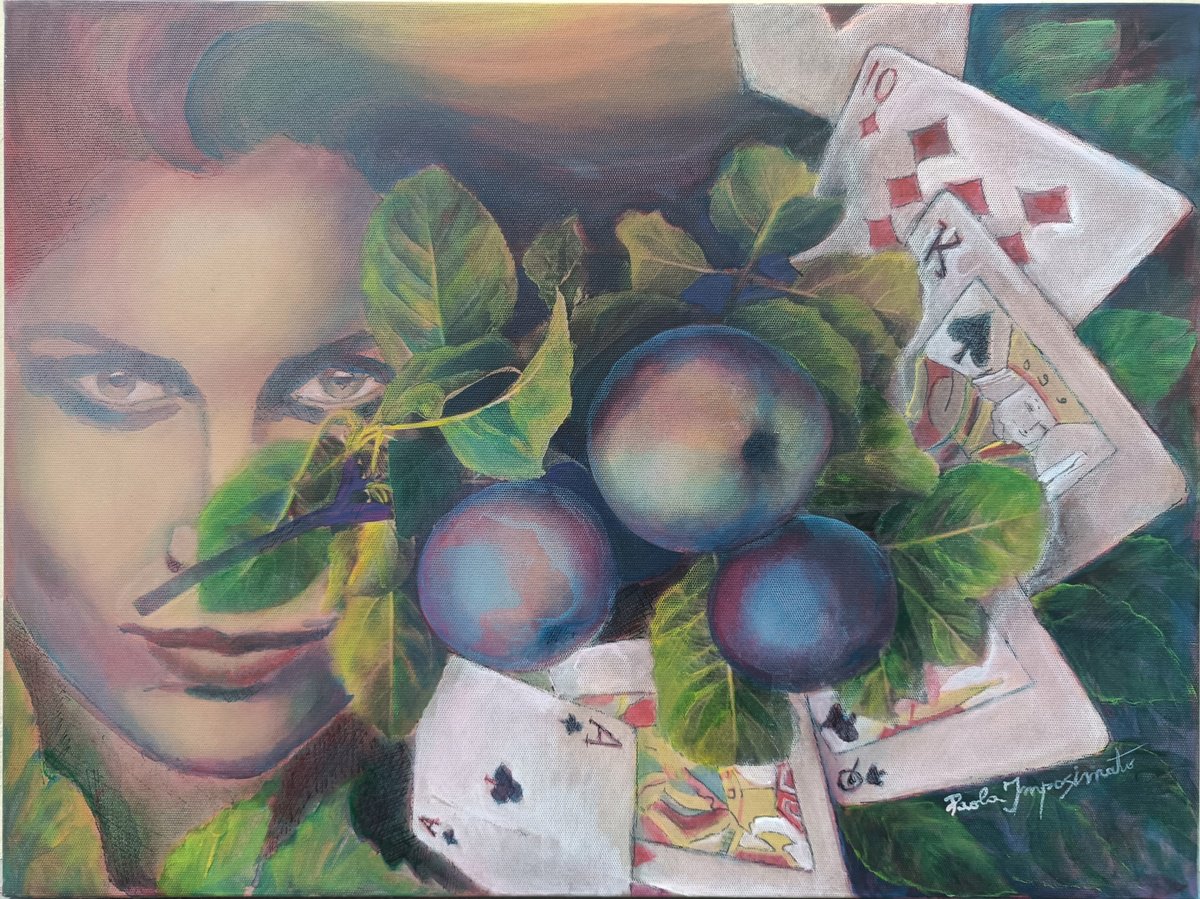 Expressive Portrait Acrylic Painting By Paola Imposimato, 16 X 12", The Enigma Of The Blue Apple, Original Artwork