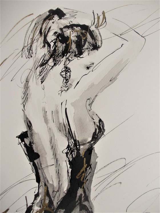 Figurative  Drawing  On Paper-Study for Black Dress- Woman Series Ink Drawings