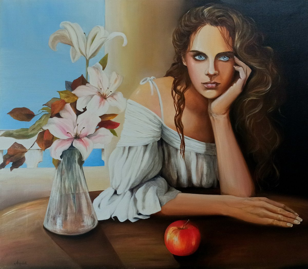 Distant thoughts - woman portrait - oil painting by Anna Rita Angiolelli