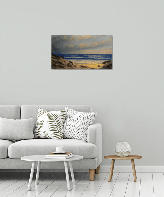 Wild Beach - seascape painting, coastal art, sunset, wave, sand