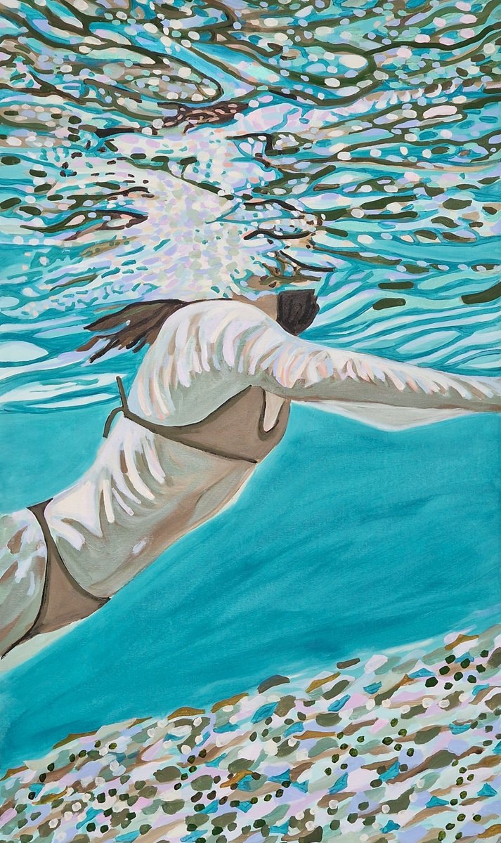 Impressionistic Portrait Acrylic Painting By Alexandra Djokic, 23 X 40, Underwater Turquoise, Original Artwork