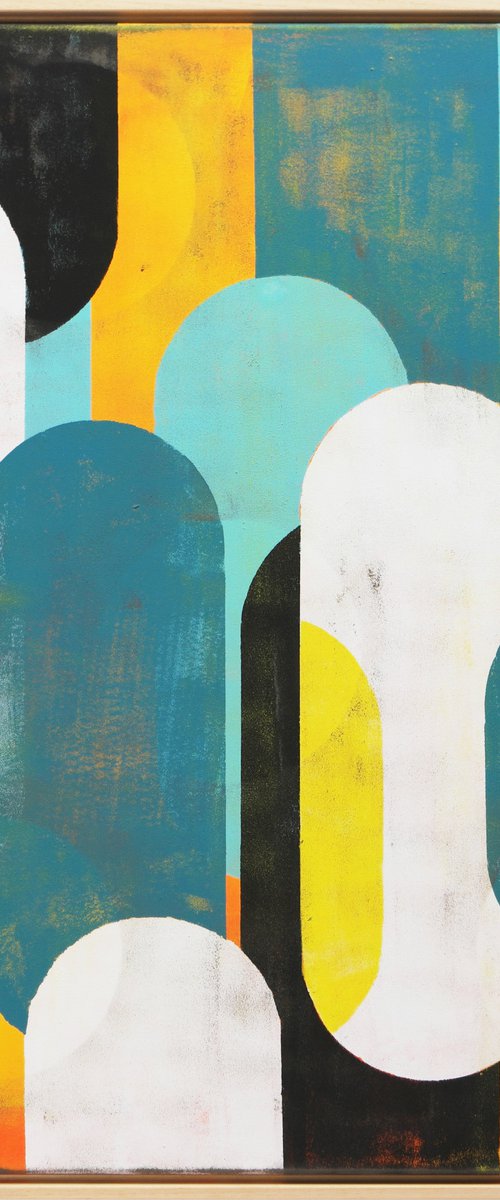 Abstract painting - Traffic Yellow & Turquoise - Incl Frame - 26J - Ronald Hunter by Ronald Hunter