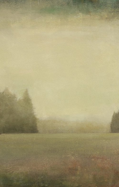 Distant Fog 220105, evergreen trees tonal landscape by Don Bishop