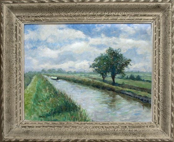 A morning walk by the canal. Impressionist oil painting, with antique frame.