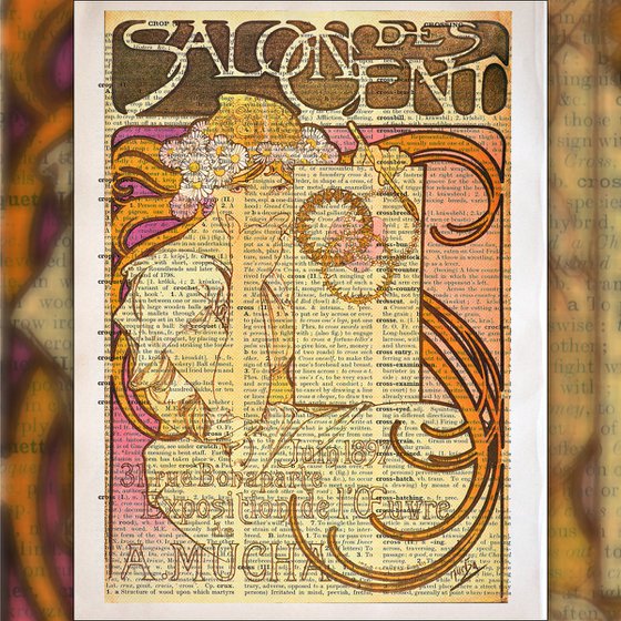 Salon des Cent Juin 1987 - Collage Art Print on Large Real English Dictionary Vintage Book Page
