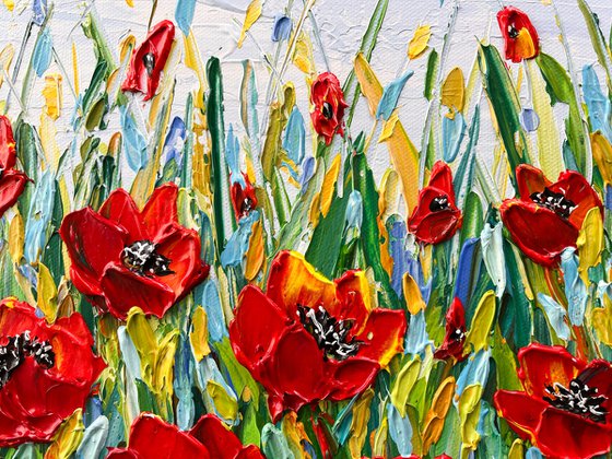 Poppies Meadow- Original Impasto Floral Painting, Palette Knife Textured Wall Art Canvas