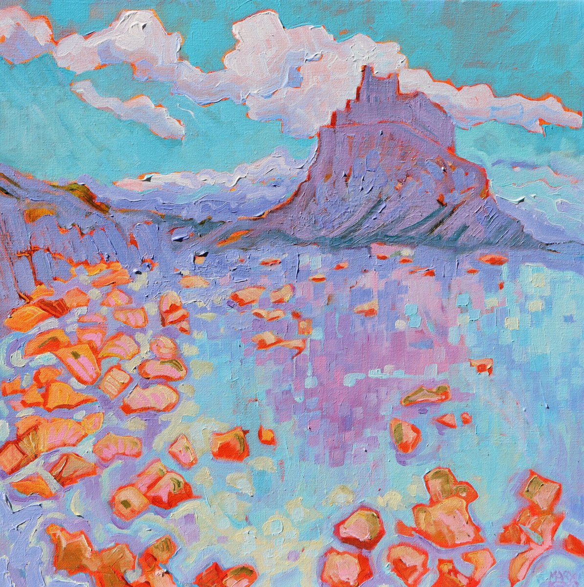 Impressionistic Landscape Oil Painting By Mary Kemp, 12 X 12", Lindisfarne, Original Artwork