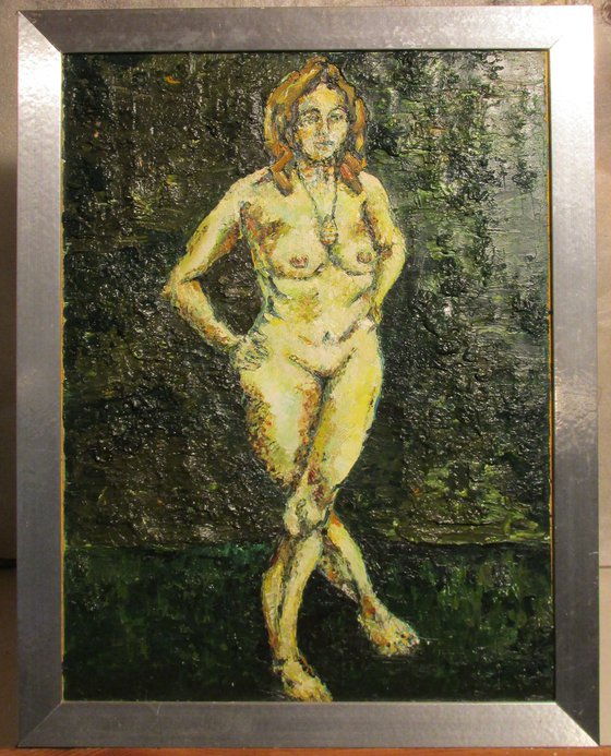 Standing nude on dark green.