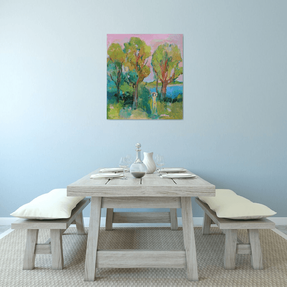 The girl is sunbathing