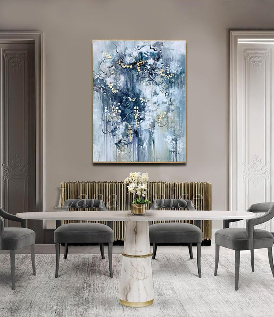 Looking Beyond - Abstract White Grey Painting Large Canvas, Gold Leaf, Minimalist Painting