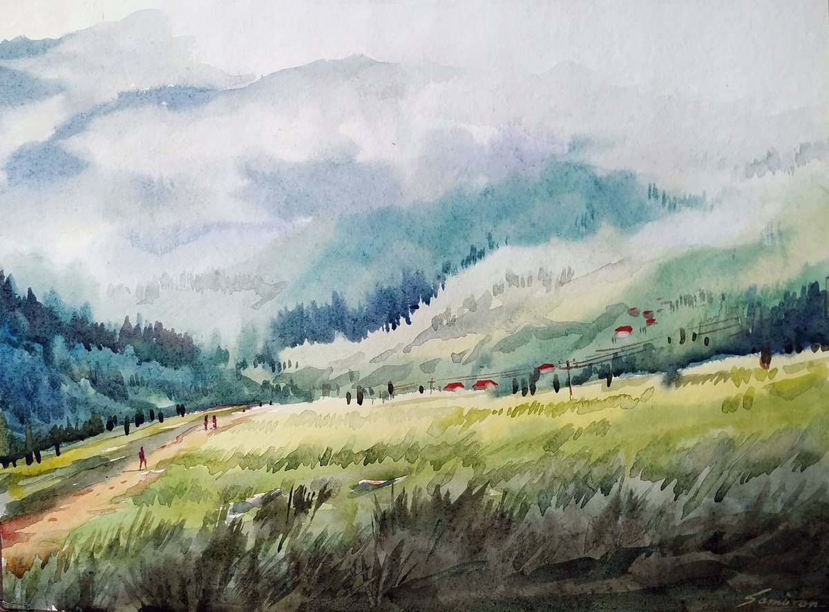 Impressionistic Landscape Watercolour By Samiran Sarkar, 15 X 11", Mountain Green Valley, Original Artwork