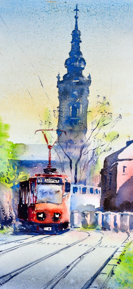 Red tram in old town Belgrade 17x36 cm 2022 by Nenad Koji? watercolorist