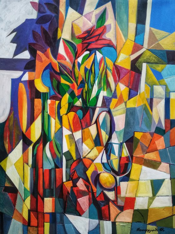 Still life with roses (60x80cm, cubism, oil painting, ready to hang)