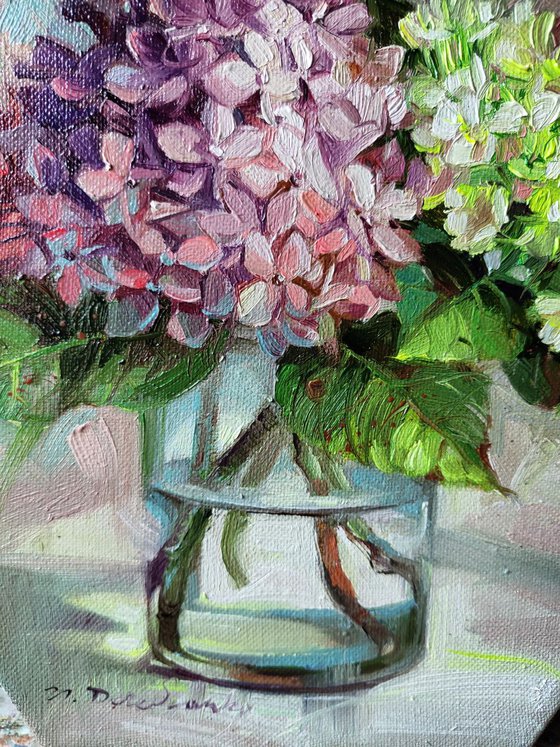 Hexagon oil painting hydrangea, Flowers painting original canvas art, Purple yellow Hortense in glass, Floral artwork oil