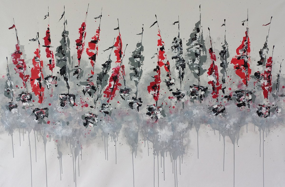 Abstract Landscape Acrylic Painting By Max Yaskin, 65 X 43", Regatta 2 By M.y., Original Artwork