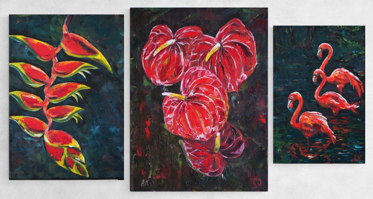 RED VELVET - SET OF 3 PAINTINGS - Heliconia flower, Red anthurium flower, Flamingos in the... by Alfia Koral