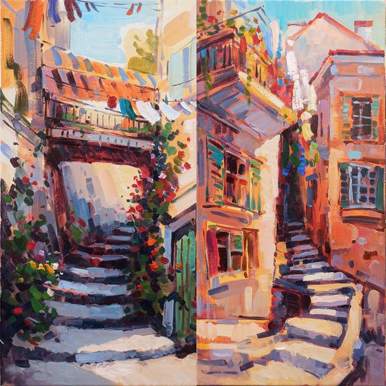 The rural houses(50x50cm, diptych, oil painting, ready to hang)
