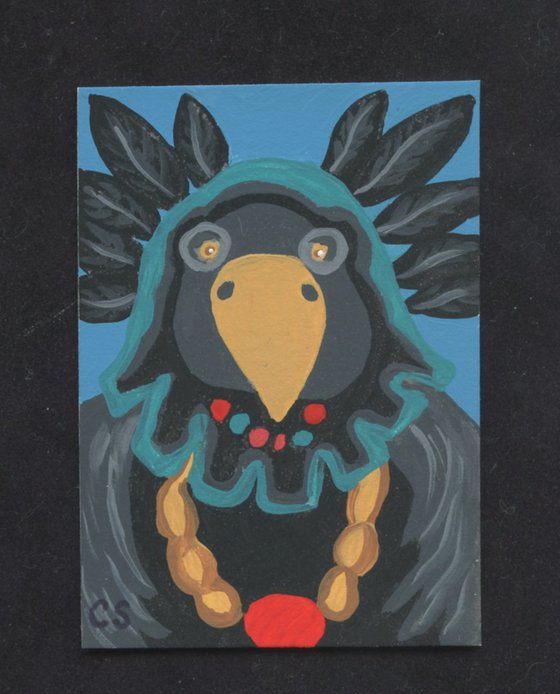 ACEO ATC Original Miniature Painting Kachina Doll Crow Raven Mother Art-Carla Smale