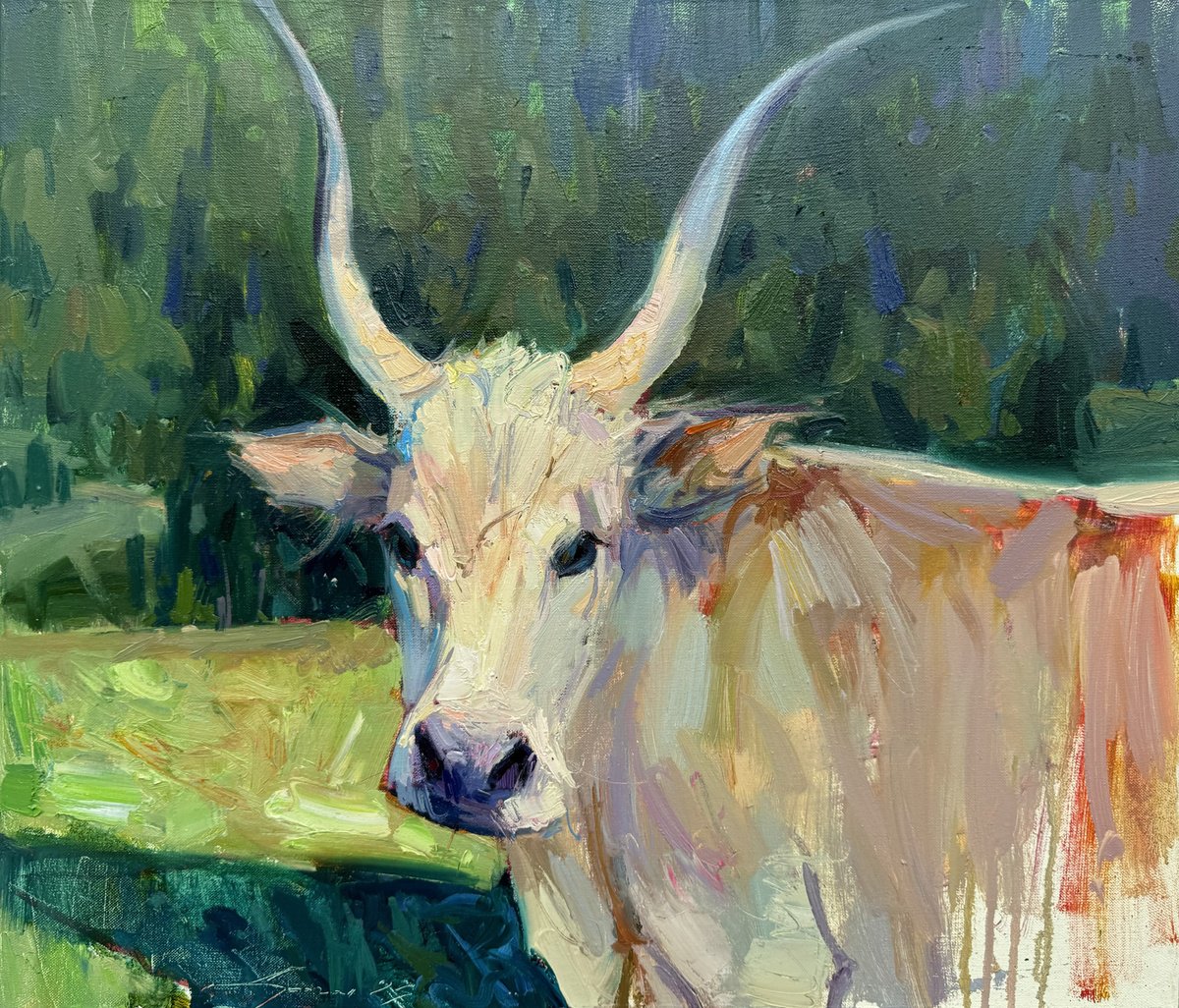Expressive Animal Oil Painting By Ivan Dragan, 28 X 24, Bull, Original Artwork