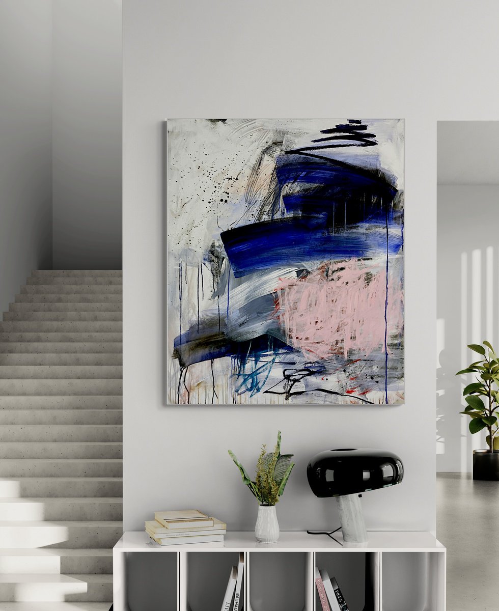 Abstract Acrylic Painting By Jutta Rika Bressem, 39 X 47", Jump On A High Speed Train, Original Artwork