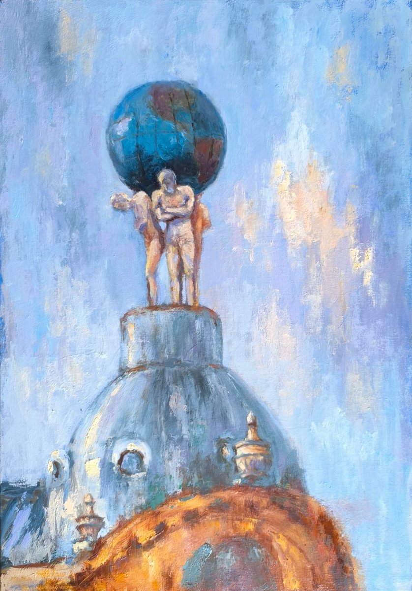 Impressionistic Cityscapes Oil Painting By Svetlana Grishkovec-Kiisky, 28 X 39", Atlanteans Over Town, Original Artwork