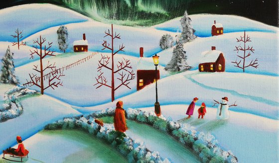 Winter folk art landscape painting