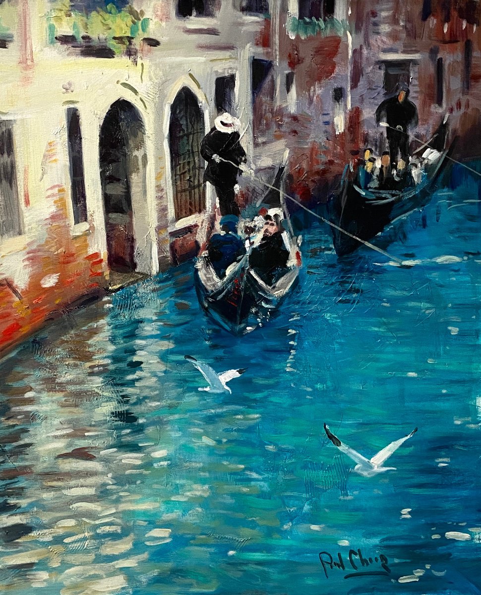 Impressionistic Cityscapes Acrylic Painting By Paul Cheng, 24 X 30", Venice Corner, Original Artwork