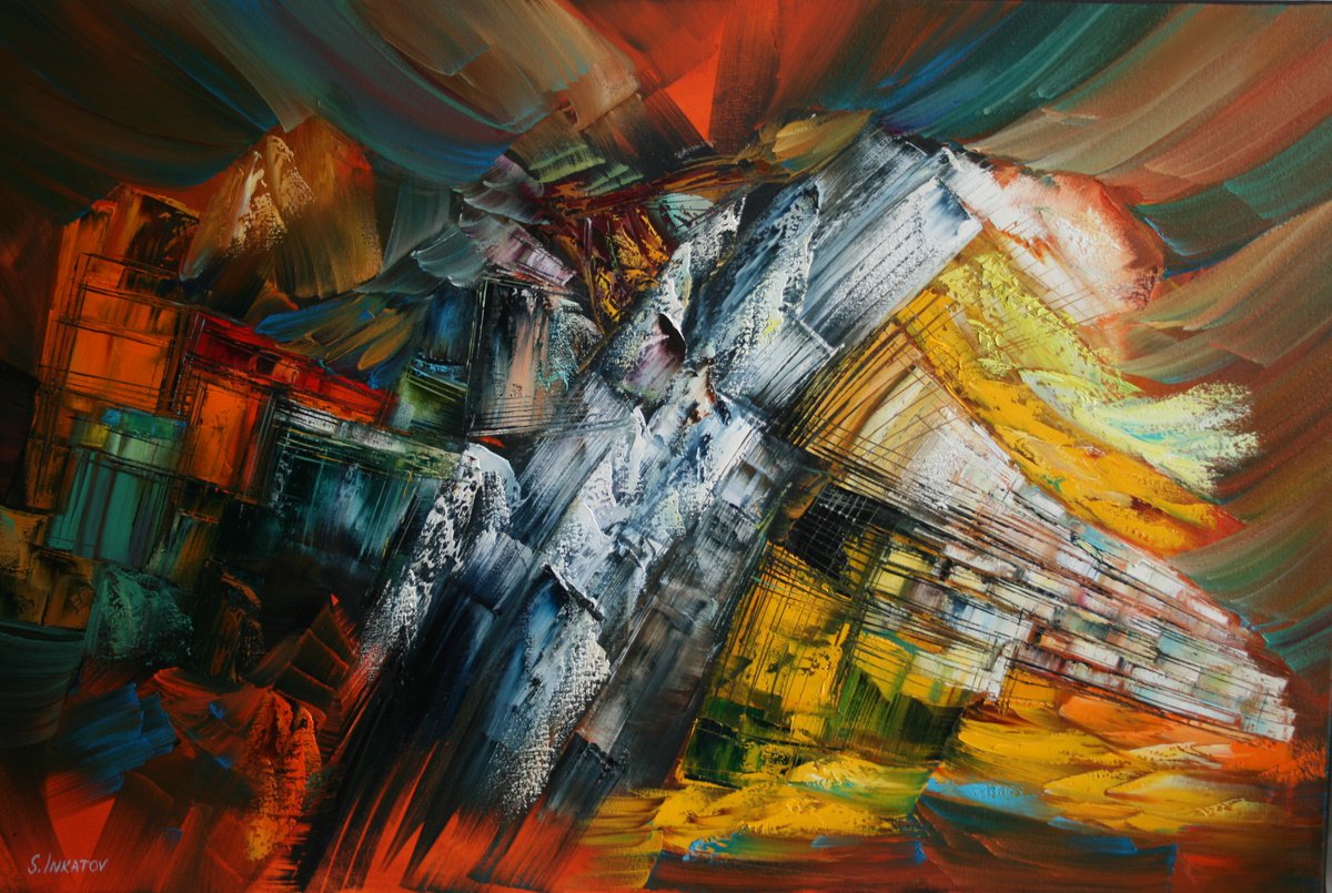 Abstract Oil Painting By Sergei Inkatov, 35 X 24", Love O?clock, Original Artwork