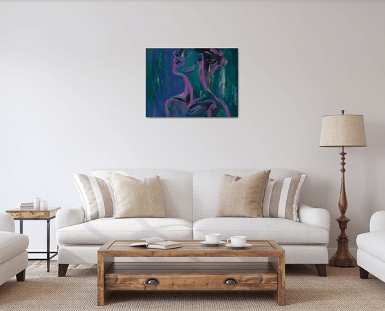 Сontemporary large nude woman portrait in purple and pink