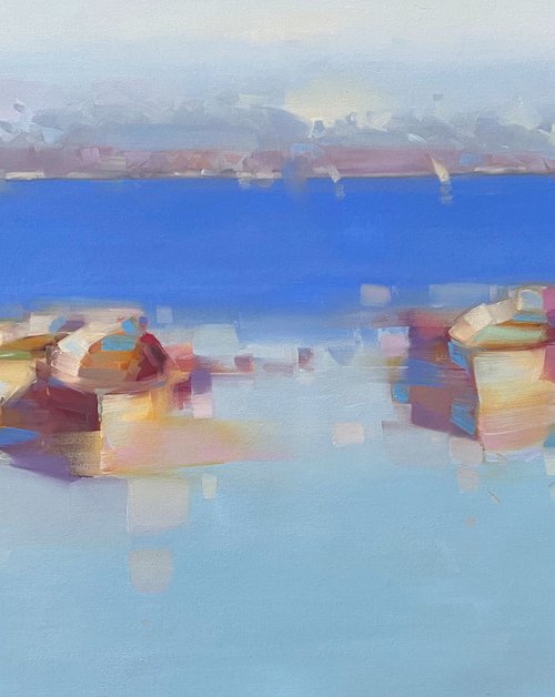 Rowboats, Original oil painting, Handmade artwork, One of a kind by Vahe Yeremyan