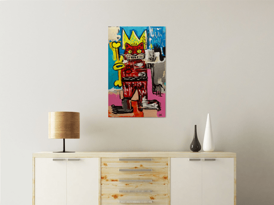 King Cat Troy  in a CROWN ( 81 x 51cm, 32 x 20 inches,) version of famous painting by Jean-Michel Basquiat