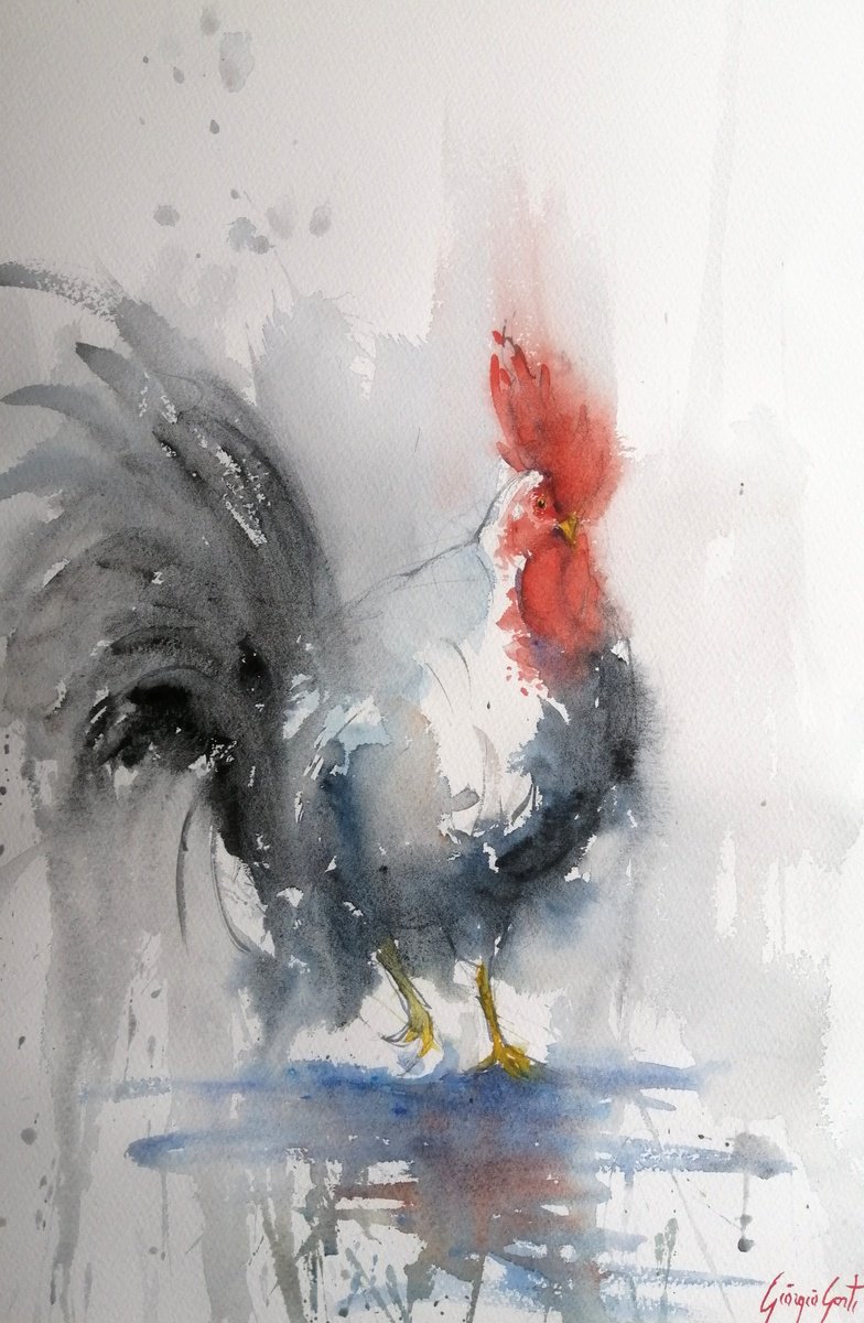 Expressive Animal Watercolour By Giorgio Gosti, 14 X 21, Rooster 23, Original Artwork