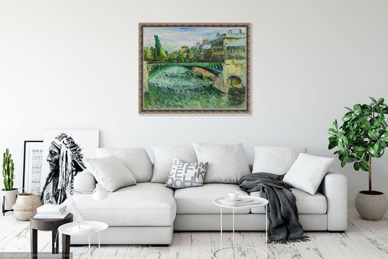 PARIS, GREEN BRIDGE OVER THE SEINE - landscape art, original oil painting, cityscape of Paris, plein air