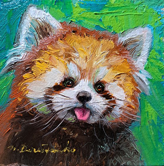 Red panda painting 4x4 in frame, Wild animal oil painting mini gift for friend