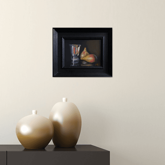 Figs & Silver Pot Still Life original oil realism painting, with wooden frame.