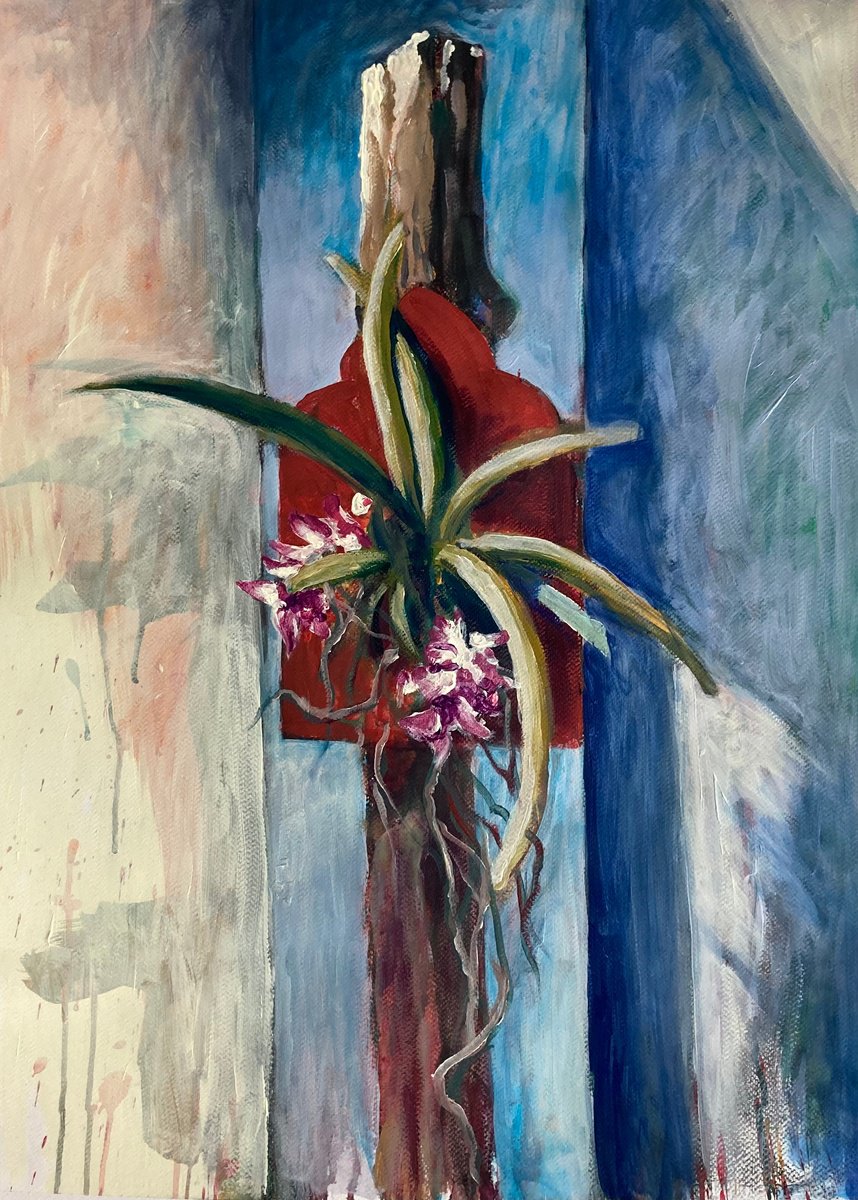 Impressionistic Botanical Acrylic Painting By John Cottee, 22 X 30, Orchid Crucifix, Original Artwork