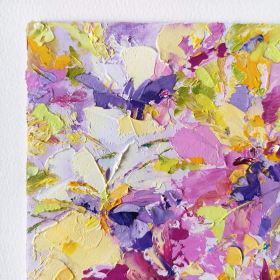 Small oil painting with colorful abstract flowers