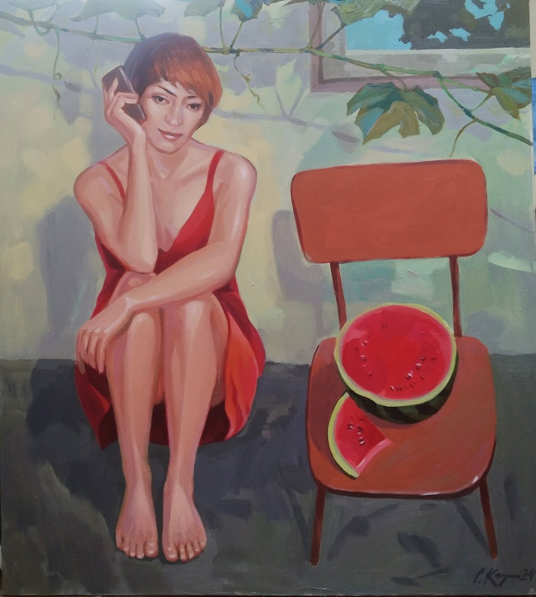 Impressionistic Portrait Acrylic Painting By Sergey Kachin, 35 X 39", Girl In Red, Original Artwork